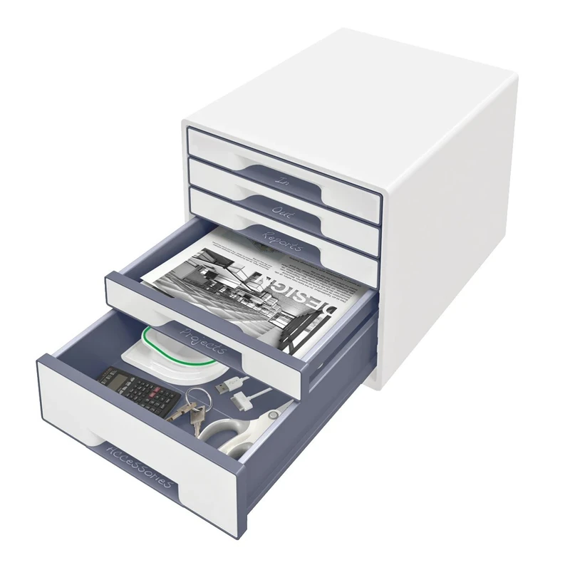 Leitz 5 A4 Drawer Cabinet, Organiser with Marker Pen and Transparent Tray, Wow Range, Pearl White/Grey