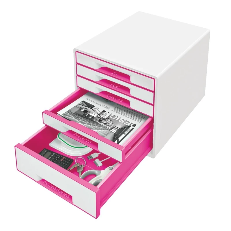 Leitz 5 A4 Drawer Cabinet, Organiser with Transparent Tray, Wow Range, White/Metallic Pink