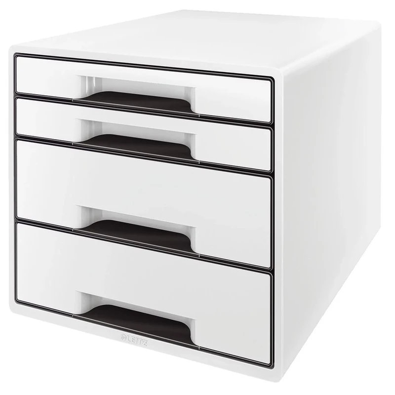 Leitz 4 A4 Drawer Cabinet, Organiser with Marker Pen and Transparent Tray, White,52520001