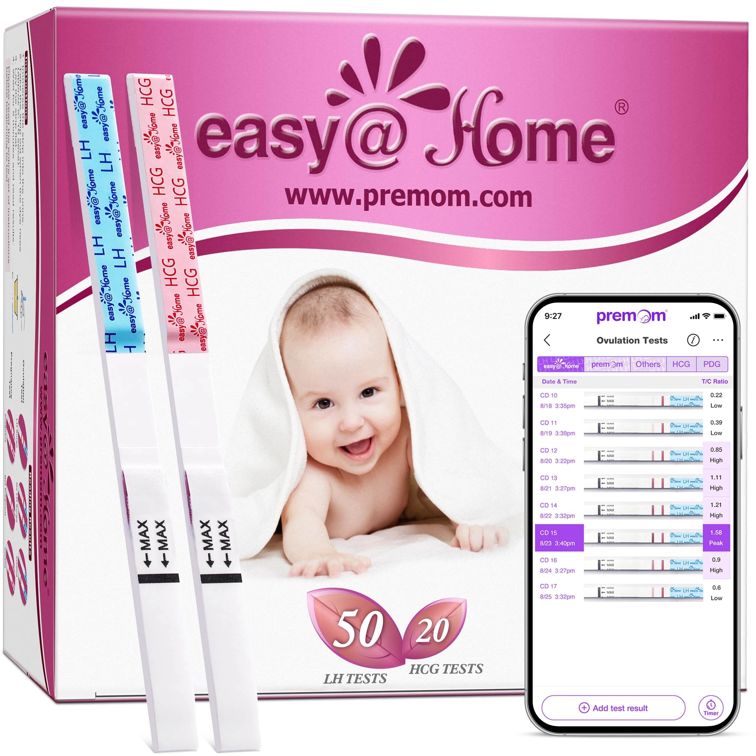 Easy@Home 50 Ovulation Test Strips and 20 Pregnancy Test Strips-Width of 5mm-Powered by Premom Ovulation Predictor iOS and Android App