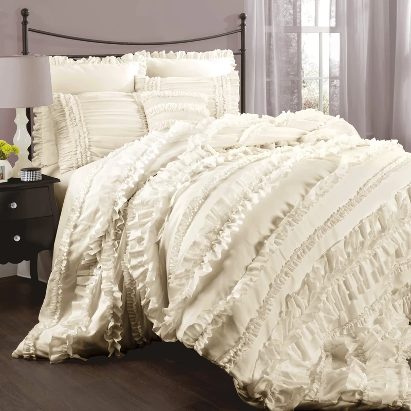 Lush Decor Ivory Comforter Ruffled Vintage Chic 4 Piece Set with Bed Skirt and 2 Pillow Shams, Polyester, queen