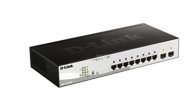 D-Link DGS-1210-08P 8-Port Gigabit PoE Smart Managed Switch with 2 SFP ports (8 x PoE ports) 8 x 1000Base-T, 802.3af/802.3at PoE, 65 W Power Budget, Fanless , Black