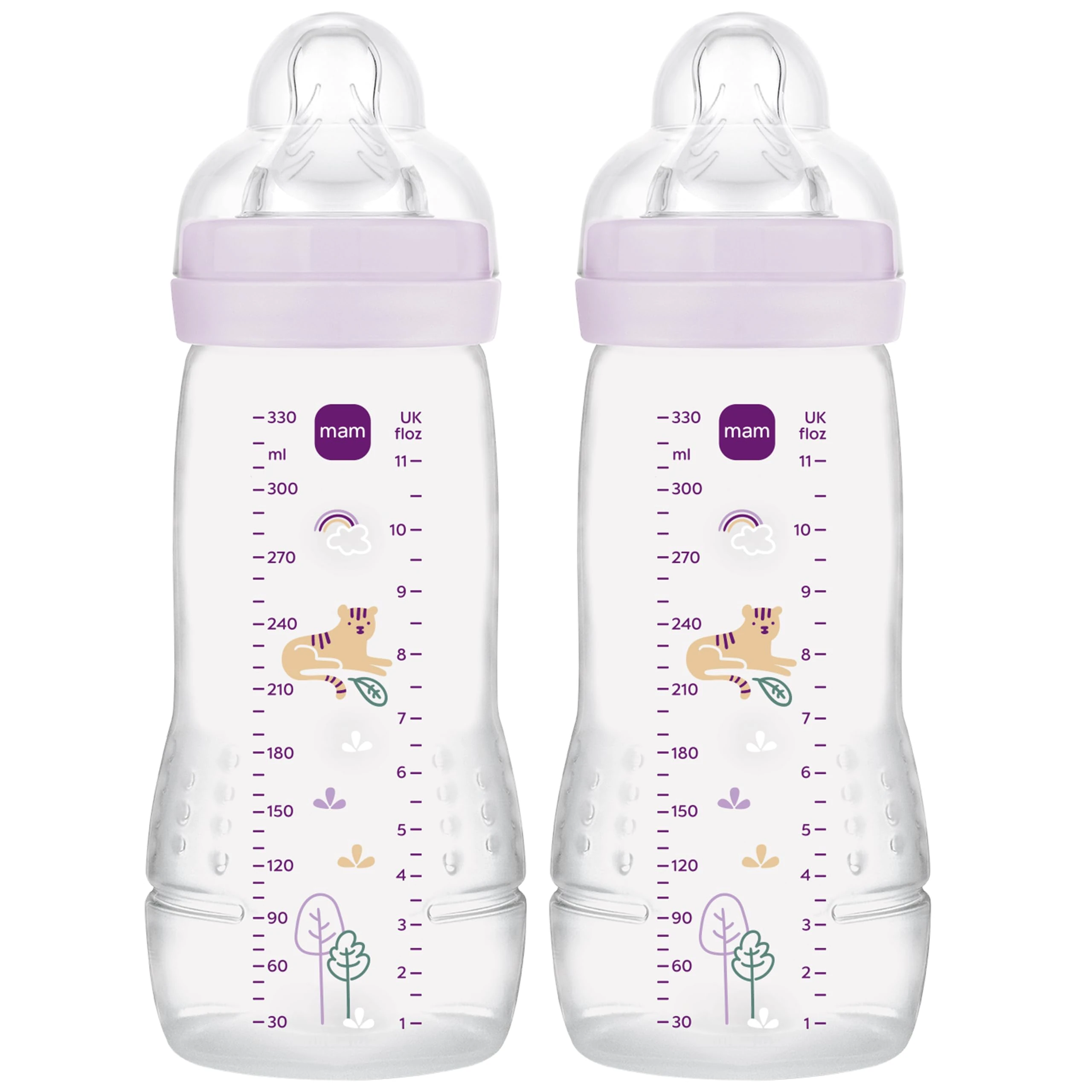 MAM Easy Active Bottles | 2 Pack (2 x 330ml) | Fast Flow MAM Teats Size 3 | Baby Accessories | Lilac (Various Designs)