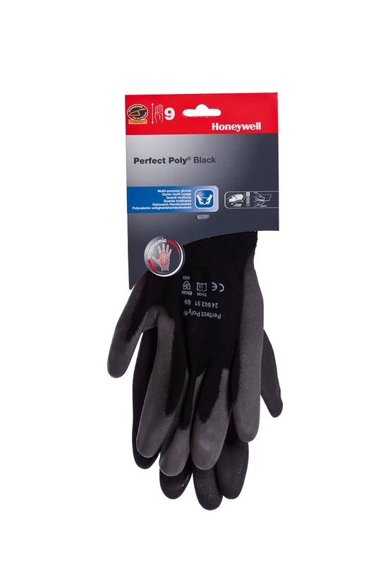 Honeywell 2400251-10 Perfect Poly Black Polyamide Knitted Gloves for General Handling, Grey Polyurethane Coating on Palm and Fingertips, 25 cm Length, Size 10 (Pack of 10 pairs)
