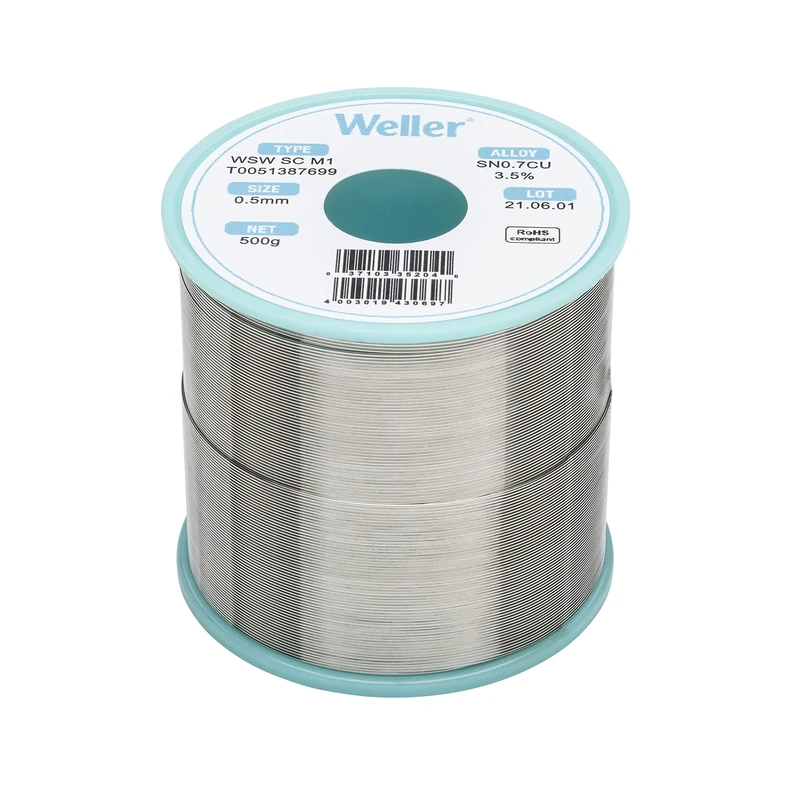 Weller WSW SC M1 (T0051387699) Lead Free Solder Wire, Ø 0.5mm, Alloy Sn99.3Cu0.7, Flux Content 3.5%, 500g, Silver