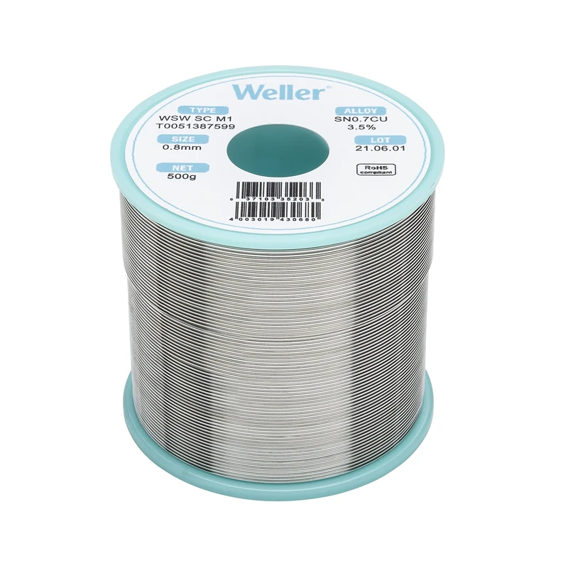Weller WSW SC M1 (T0051387599) Lead Free Solder Wire, Ø 0.8mm, Alloy Sn99.3Cu0.7, Flux Content 3.5%, 500g, Silver