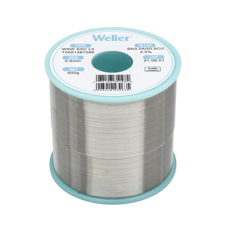 Weller WSW SAC L0 (T0051387099) Lead Free Solder Wire, Ø 0.5mm, Alloy Sn96.5Ag3.0Cu0.5, Flux content 3.5%, 500g