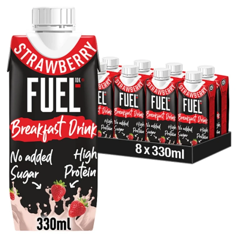 FUEL10K 330ml Strawberry Breakfast Milk Drink - Pack of 8 - High Protein Milkshake