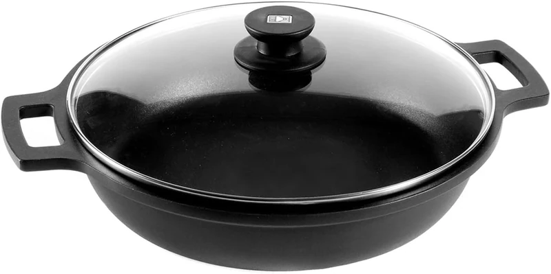 BRA Efficient Cast Aluminium Low Casserole Dish with Lid - Black & Orange (2.3L). Casserole Shallow Small Casserole Dish with Lid. 100% Recycled Aluminium Shallow Casserole Pan with Lid.