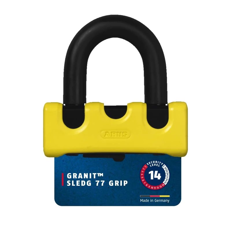 ABUS motorbike brake disc lock GRANIT™ Power XS 67 with XPlus™ cylinder - Motorbike lock with double shackle locking and reminder cable - Motorbike accessories - Yellow
