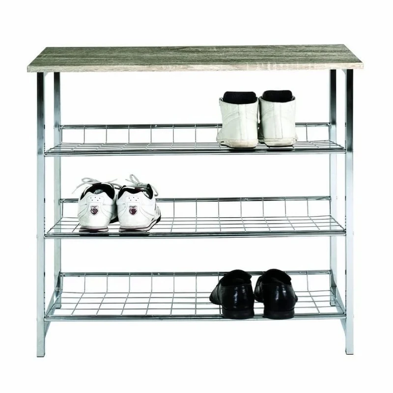 HAKU Möbel Shoe-Rack Chrome, Dark Oak, Mdf, Metal - Size: W 86 cm X H 81 cm X D 28 cm, Style: Modern