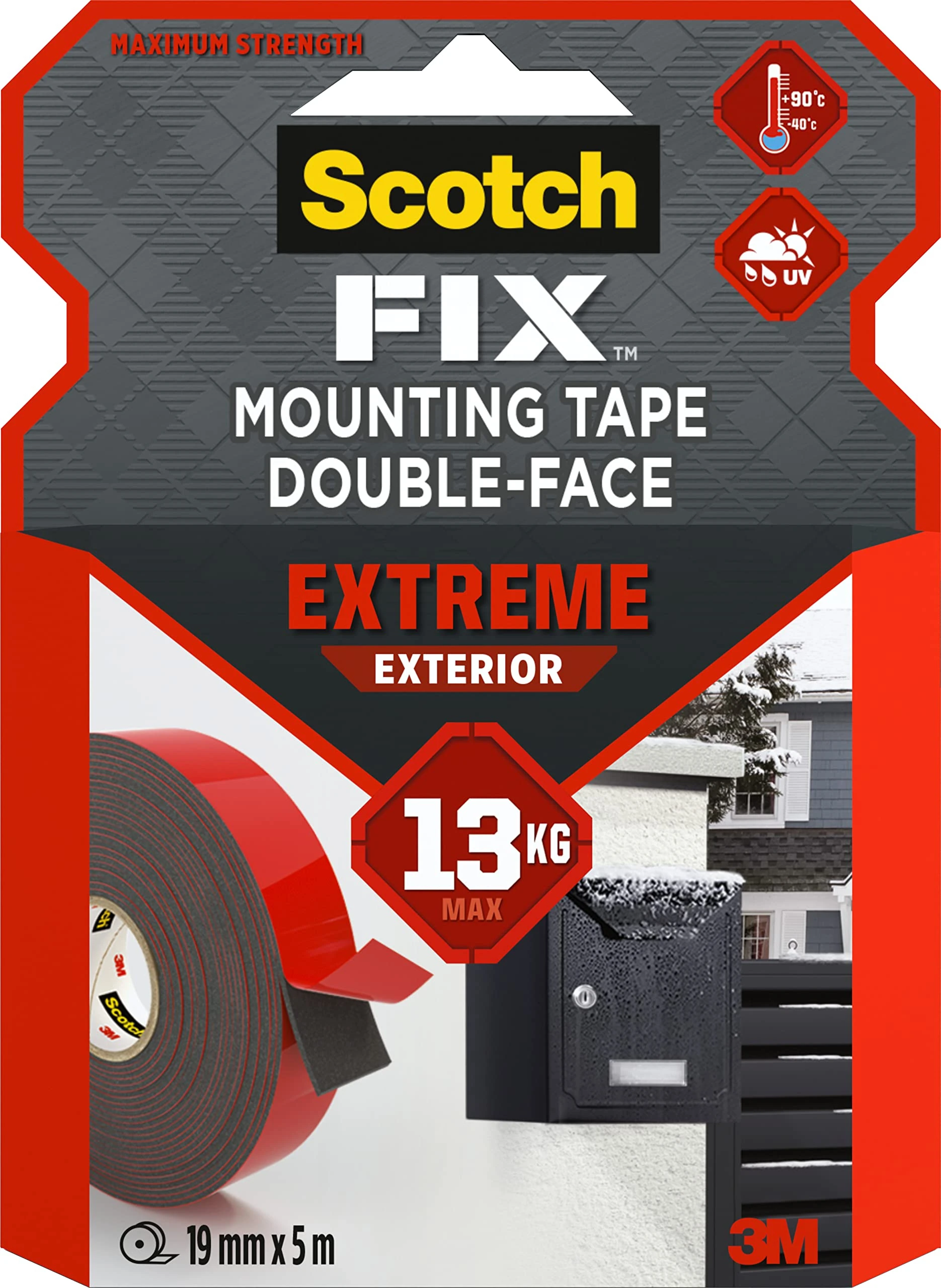 Scotch-Fix Double-Sided Extreme Exterior Mounting Tape - 1 Roll (19mm x 5m) - For Outdoor Extreme Use, Weather Resistant, Permanent Tape, 100% Adhesive, 3M Advanced Technology - Holds up to 13kg