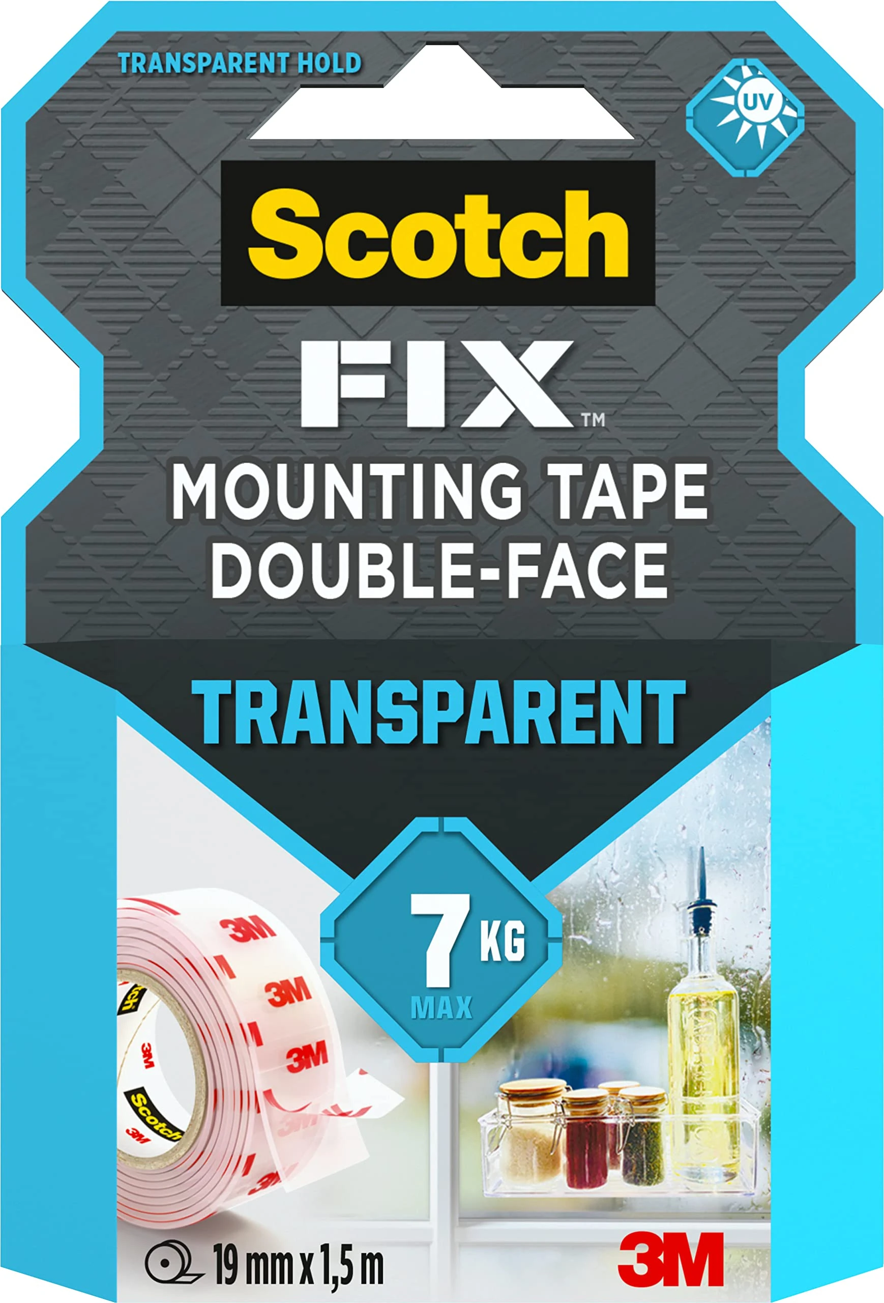Scotch Double Sided Tape, Transparent Mounting Tape, 19mm x 1.5m, For Indoor Use - No tools needed - Holds up to 7 kg