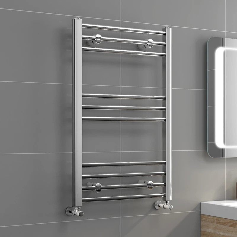 iBathUK Zypher Straight Wall Mounted Heated Towel Rail, 10 Column Steel Hydronic Central Heating High Thermal Output Designer Towel Radiator in Chrome, 800 × 500mm