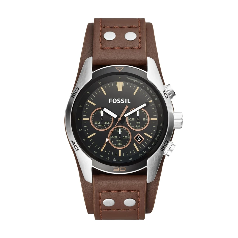 Fossil Watch for Men Coachman, Quartz Chronograph Movement, 44 mm Silver Stainless Steel Case with a Genuine Leather Strap, CH2891