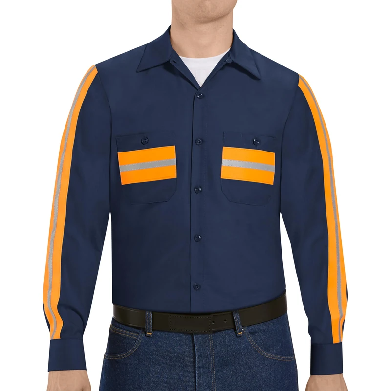 Red Kap Men's Enhanced Work Shirt, Long Sleeve Utility Button, Navy with Orange Visibility Trim, XXL - Image 1