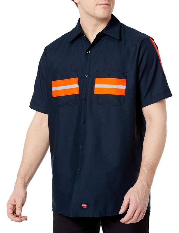 Red Kap Men's Enhanced Button Down Work Shirt, Regular Fit, Short Sleeve Utility, Navy with Orange Visibility Trim, XXXL