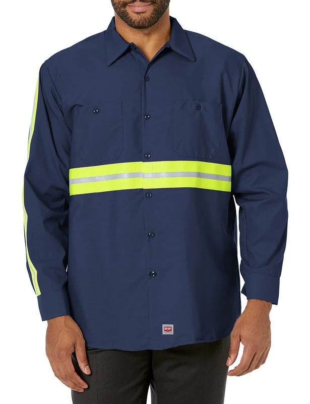 Red Kap Men's Enhanced Visibility Work Shirt, Long Sleeve Utility Button, Navy Fluorescent Yellow Trim, XXXL
