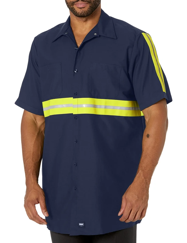 Red Kap Men's Enhanced Work Shirt, Short Sleeve Utility Button, Navy with Yellow/Green Visibility Trim, XXL