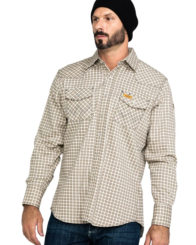 Wrangler Riggs Workwear Men's Flame Resistant Western Long Sleeve Two Pocket Snap Shirt - Beige - Large