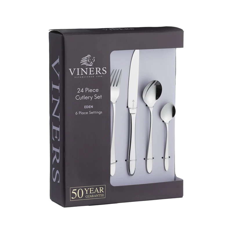Viners Eden 24 Piece Elegant Mirror Polished Stainless Steel Flatware Gift Box, 18/10 Silver Cutlery
