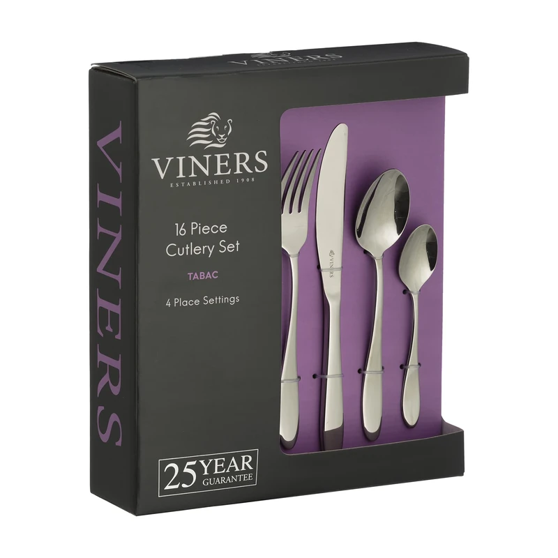 Viners Tabac Cutlery Set |18/0 Stainless Steel | Set of 16 Pieces | Silver Mirror Finish | Serves 4 | Dishwasher Safe | Gift Box - Image 1
