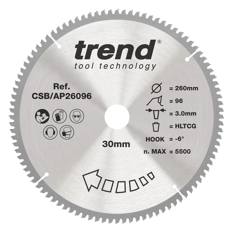 Trend Aluminium & Plastic Circular Saw Blade, 260mm Diameter, 30mm Bore, 96 Teeth, 3mm Kerf, -6° Hook, TCT, Extra-Fine Finish, CSB/AP26096