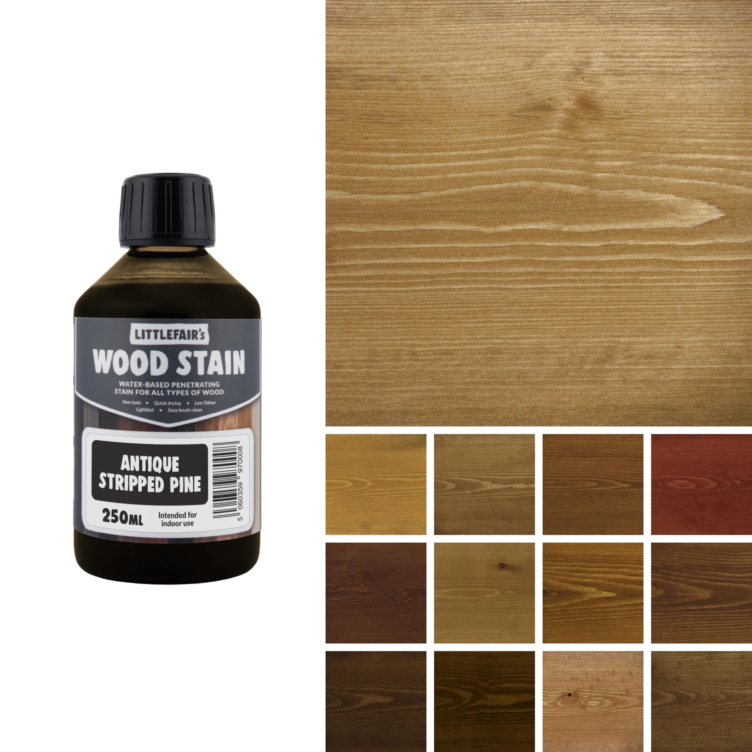 Littlefair's Wood Stain Water-Based - (Antique Stripped Pine) – Non-Toxic, Eco-Friendly & Quick Drying - Easy-to-Apply, Concentrated Formula for All Wood Types – 250ml