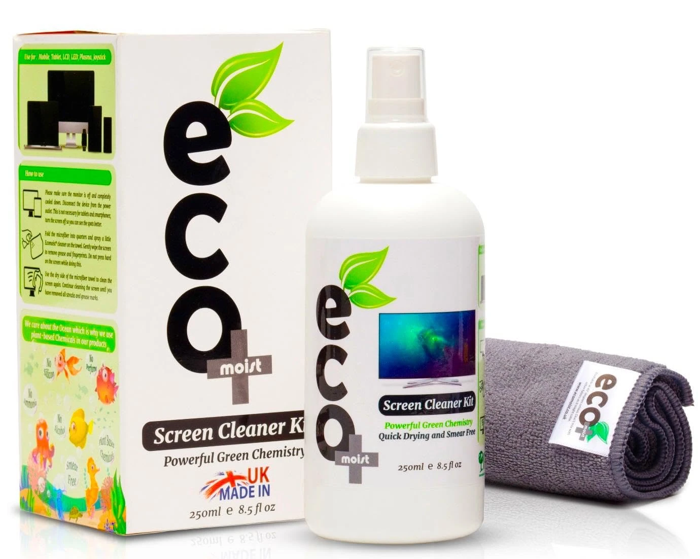 Ecomoist Natural Screen Cleaner 250ml with Fine Microfiber Towel For LCD TFT Plasma Computer Laptop Made in UK