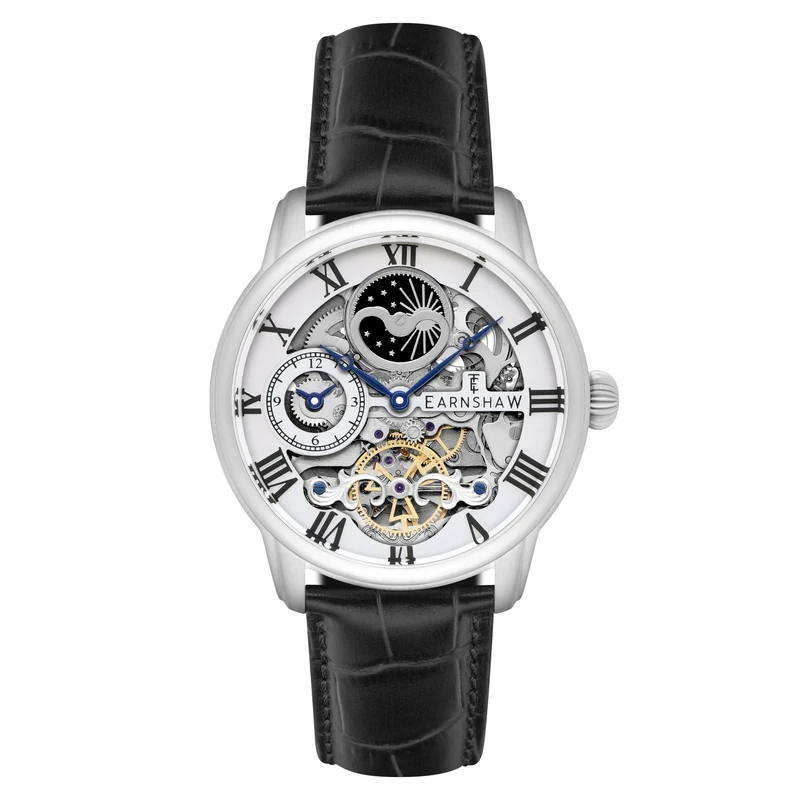 Thomas Earnshaw Men's Longitude Skeleton Automatic Watch with White Dial Analogue Display and Black Leather Strap ES-8006-01