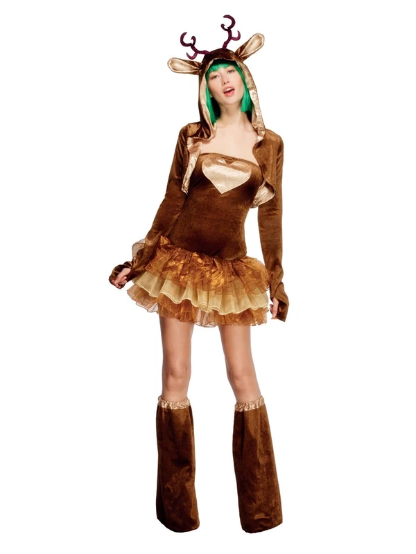Smiffys Fever Reindeer Costume for Women, Brown Christmas Fancy Dress Outfit - Tutu Dress, Detachable Clear Straps, Matching Jacket & Bootcovers, Festive Parties & Holiday Events, Small