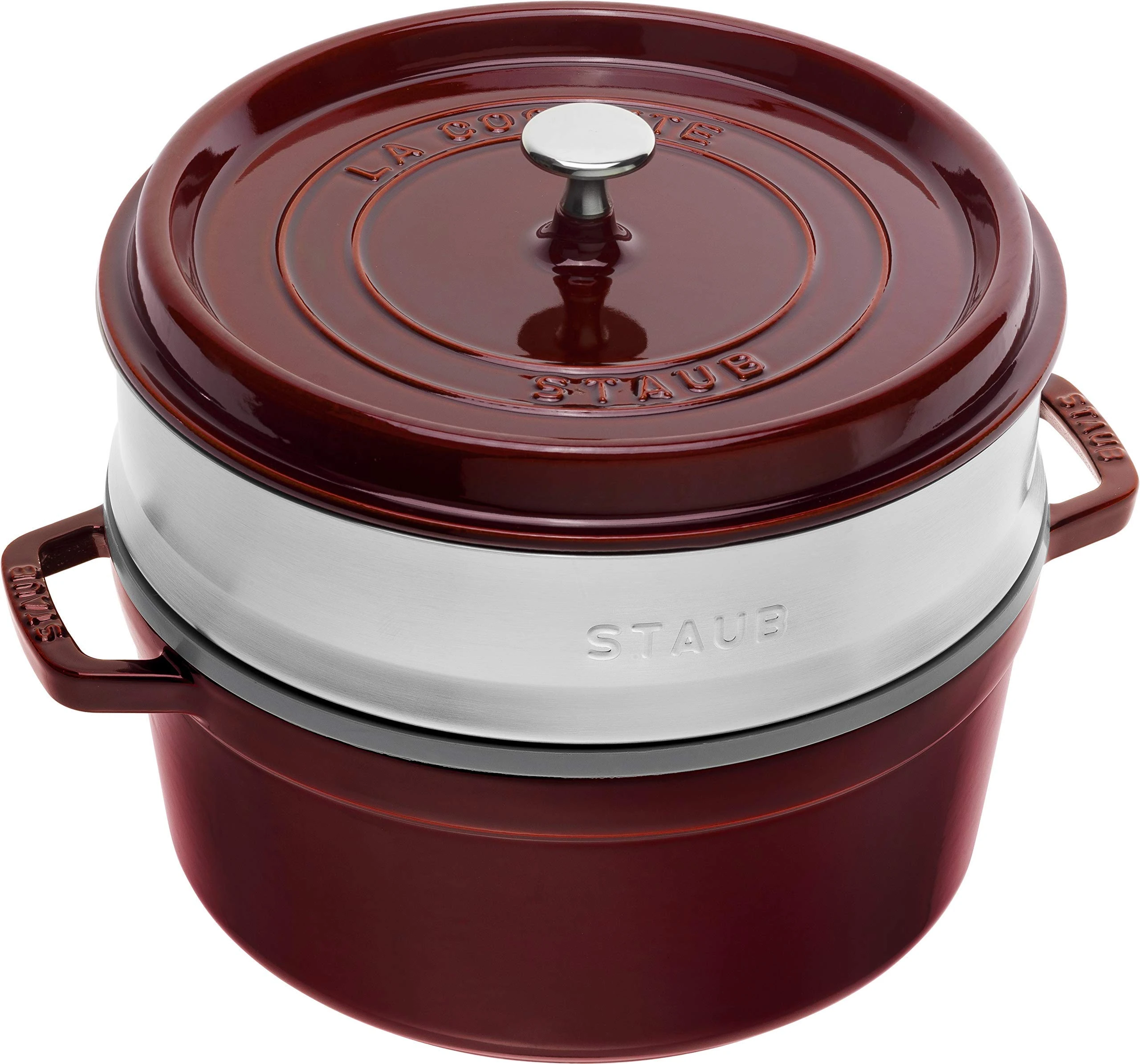 Staub 1133887 Cast Iron Roaster/Cocotte, With Steam Insert, Round 26 cm, 5.2 L, With Matte Black Enamel Inside the Pot, Grenadine