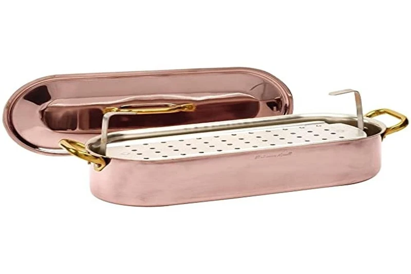 Pentole Agnelli ALCU11840 Fish Tin in Smooth Tinned Copper with Lid and grill and Two Brass Handles, 40x13 cm