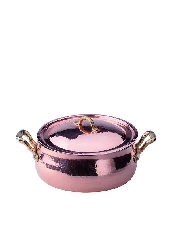 Pentole Agnelli ALCM108MC24 Low Rounded Casserole, in Hammered Copper, Hand-Tinned, with 2 Brass Handles and Lid, 24 cm