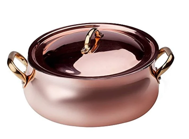 Pentole Agnelli ALCU108C24 Low Rounded Casserole with Two Brass Handles and Lid, Hand-Tinned Smooth Copper, 24 cm