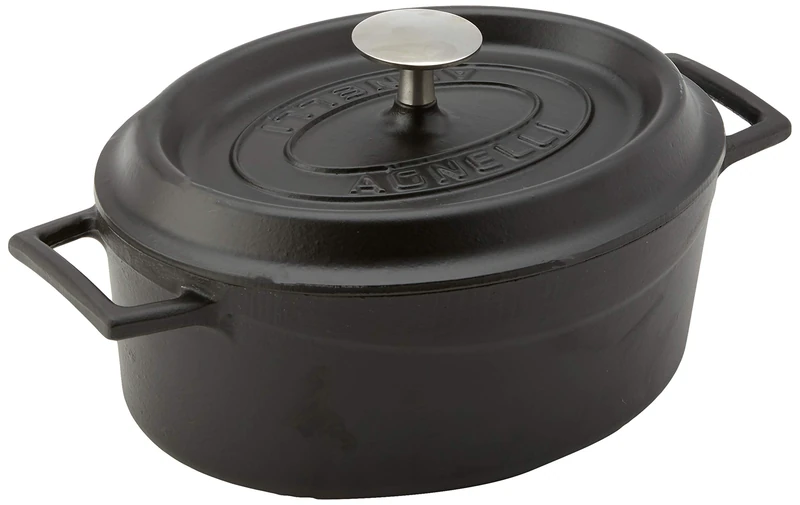 Pentole Agnelli Oval Casserole Pot With Two Handles, Diameter-20 Cm, Matt Black, Cast Iron, 3.3 Litres