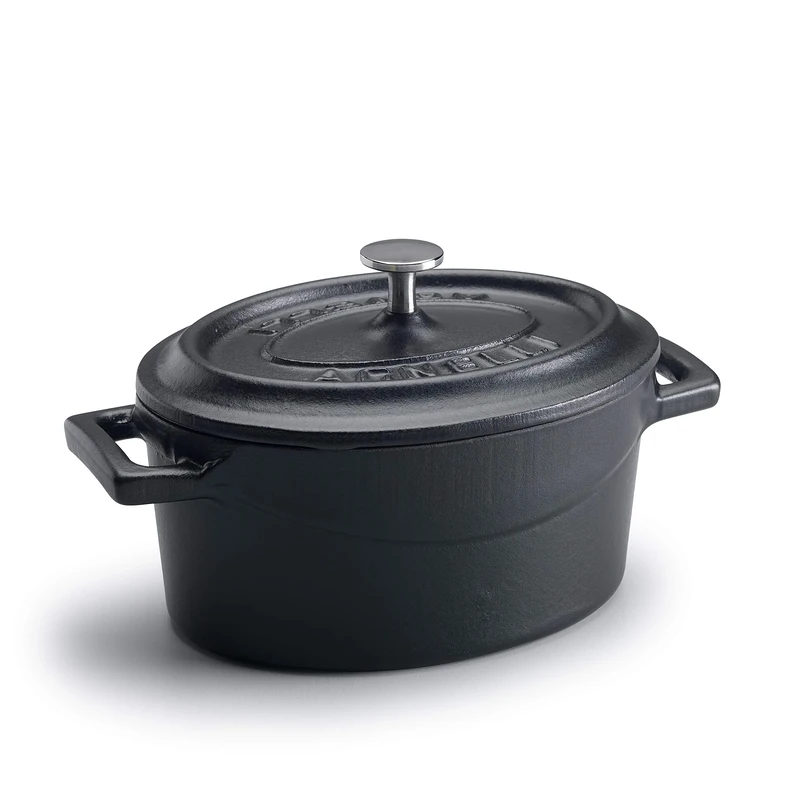 Pentole Agnelli Oval Casserole Pot With Two Handles, Diameter-22 Cm, Matt Black, Cast Iron, 4.8 Litres