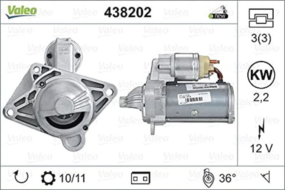 VALEO 438202 Starter Power: 2,2 kW Stop & Start: NO Number of teeth: 10 teeth Voltage: 12 V Rotation direction: CLOCKWISE