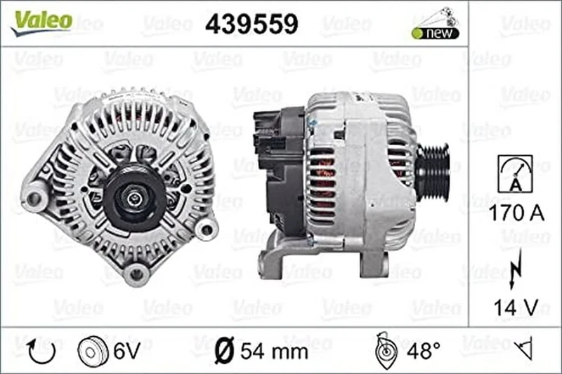 VALEO 439559 Alternator Alternator Charge current: 170 Amp Grooves: 6 grooves Pulley diameter: 54 mm Voltage: 14 V Rotation direction: CLOCKWISE