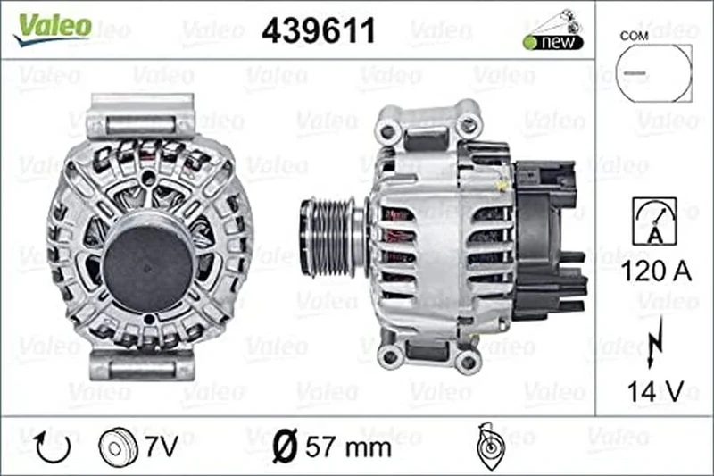 VALEO 439611 Alternator Alternator Charge current: 120 Amp Grooves: 7 grooves Pulley diameter: 57 mm Voltage: 14 V Rotation direction: CLOCKWISE