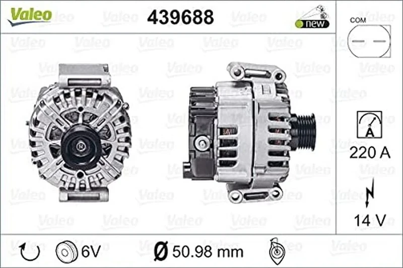 VALEO 439688 Alternator Alternator Charge current: 220 Amp Grooves: 6 grooves Pulley diameter: 51 mm Voltage: 14 V Rotation direction: CLOCKWISE
