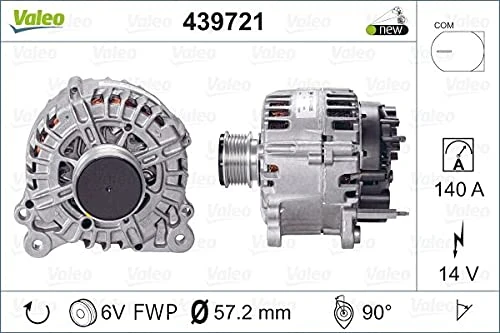 VALEO 439721 Alternator Alternator Charge current: 140 Amp Grooves: 6 grooves Pulley diameter: 57,2 mm Voltage: 14 V Rotation direction: CLOCKWISE