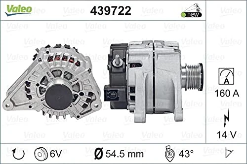 VALEO 439722 Alternator Alternator Charge current: 160 Amp Grooves: 6 grooves Pulley diameter: 54,5 mm Voltage: 14 V Rotation direction: CLOCKWISE