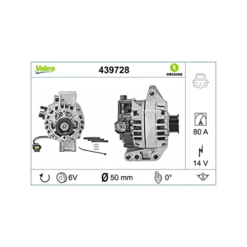 VALEO 439728 Alternator Alternator Charge current: 80 Amp Grooves: 6 grooves Pulley diameter: 50 mm Voltage: 14 V Rotation direction: CLOCKWISE