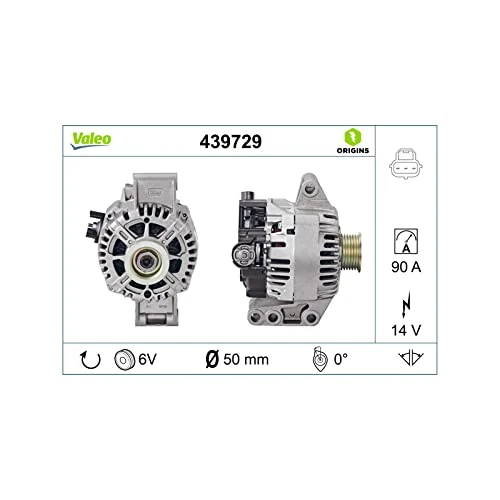 VALEO 439729 Alternator Alternator Charge current: 90 Amp Grooves: 6 grooves Pulley diameter: 50 mm Voltage: 14 V Rotation direction: CLOCKWISE