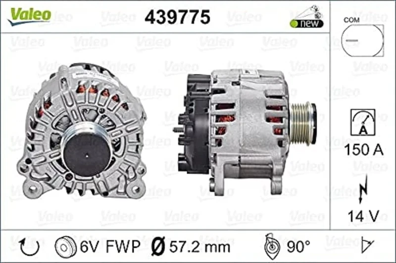 VALEO 439775 Alternator Alternator Charge current: 150 Amp Grooves: 6 grooves Pulley diameter: 57,2 mm Voltage: 14 V Rotation direction: CLOCKWISE