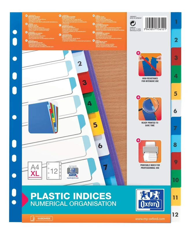 Oxford 100204813 XL Plastic Index Strong Line Numbers 1-12 DIN Pack of 25 A4 12 Extra Wide for Ideal Storage of Document Sleeves
