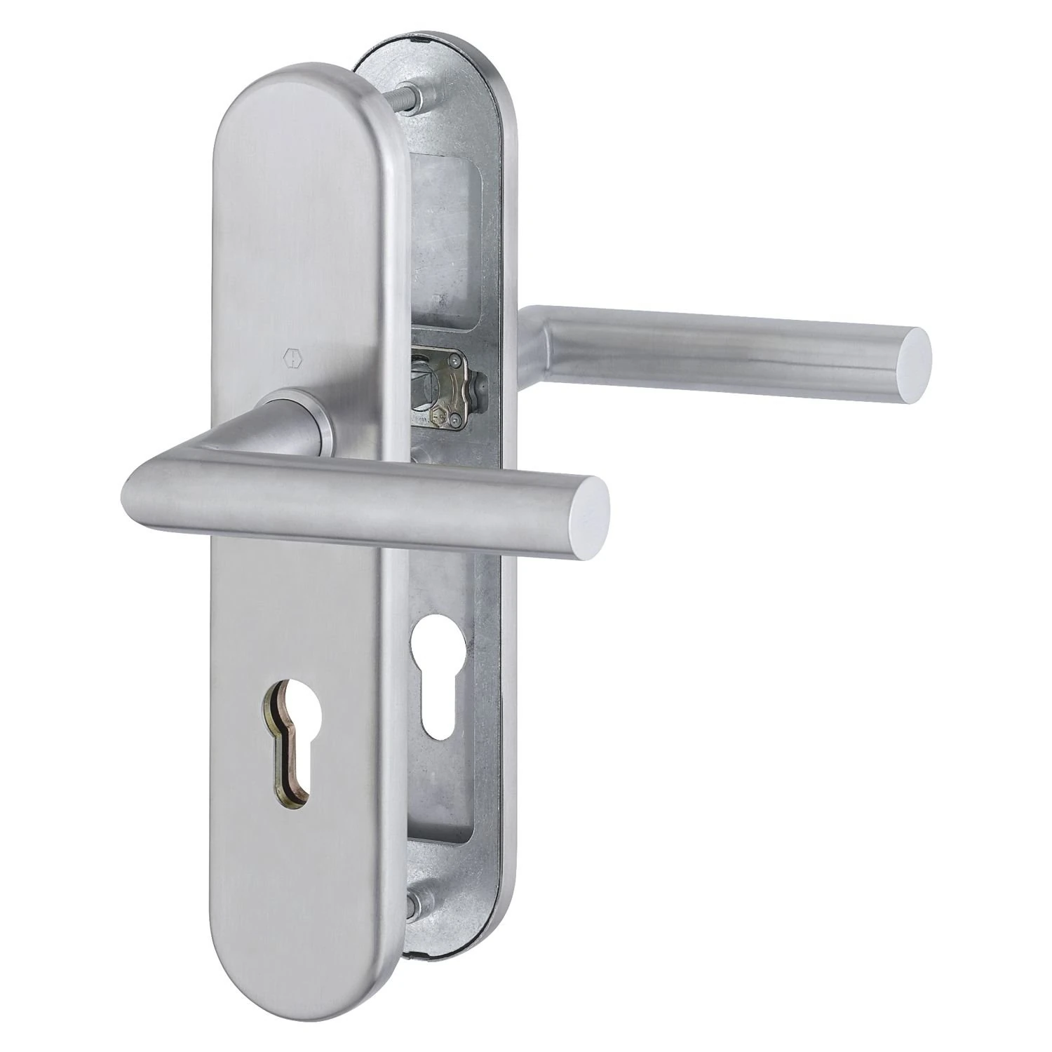 HOPPE 3661955 Safety Handle Set Amsterdam on Long Plate PZ72, Door Thickness 42-47 mm, Without Core Pulling Protection, Matte Stainless Steel