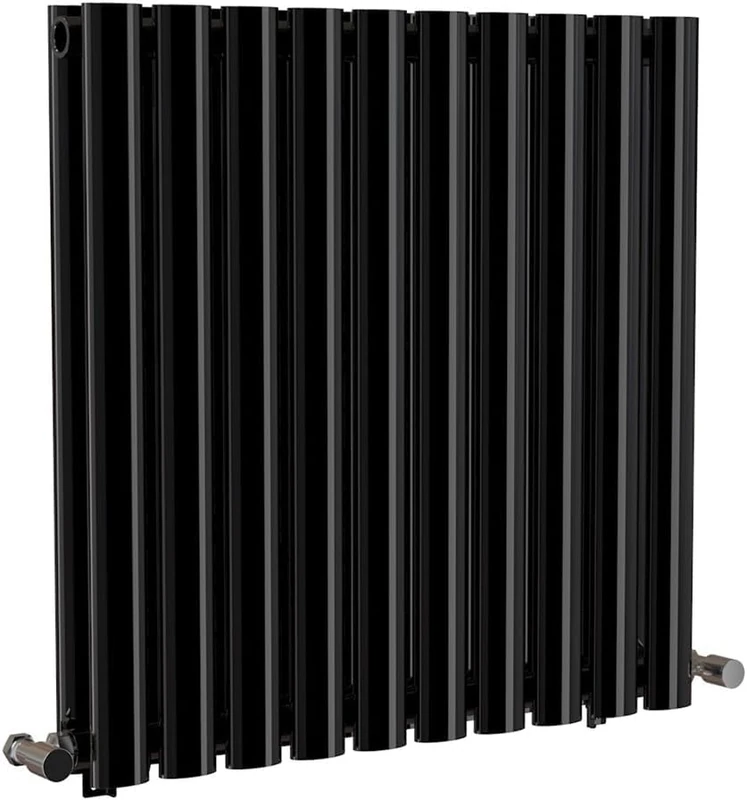 iBathUK Strata Wall-Mounted Horizontal Double Oval Panel Radiator, 10 Column Steel High Thermal Output Hydronic Central Heating, Designer Modern Radiator in Gloss Black, 600 × 590mm