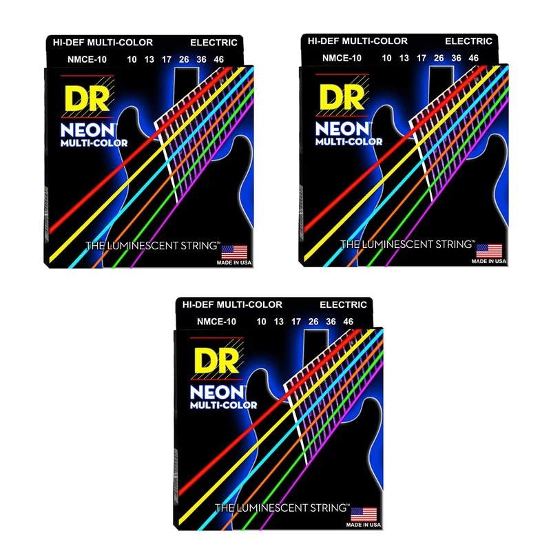 DR NMCE-10/46 - Hi-Def Neon Multicolored Electric Guitar Strings 010-046 3 Pack